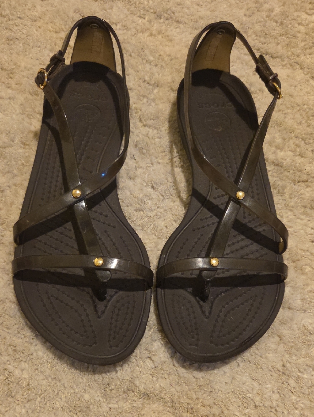 CROCS Black Strappy Slingback Sandals with Gold Studs